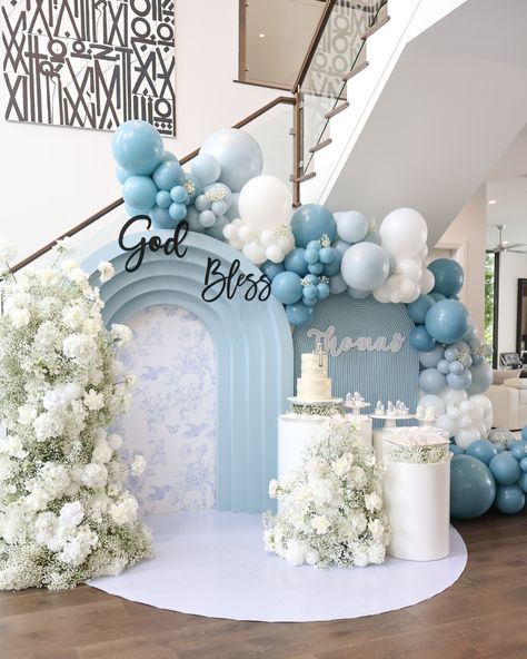 Thomas’s Baptism 🕊️⛪️ Backdrop + Balloons + Florals @janettloveshop Event Planner @busybeesevents #baptism #baptismballoons #baptismbackdrop #baptismflowers #baptismcake #baptismdecor #baptismdecoration #baptismparty #baptismideas #baptismday⛪️ #baptismballoongarland #elegantbaptism Baptismal Backdrop, Baptism Decorations Backdrops, Baby Boy Baptism Decorations, Baby Boy Backdrop, Boy Baptism Decorations, Bautizo Backdrop, Baptism Party Decor, Baptism Backdrop, Bautizo Ideas Boy