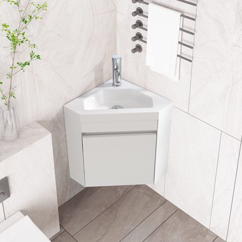 Wonline 16" Corner Bathroom Vanity Floating Style Wall Mount Bathroom Vanity with Sink and Faucet for Small Bathroom Combo, White - Walmart.com Small Ensuit, Ensuit Bathroom, Bathroom Vanity Floating, Vanity Floating, Lavabo D Angle, Ensuite Bathroom Designs, Small Ensuite, Bathroom Colour, Corner Bathroom Vanity