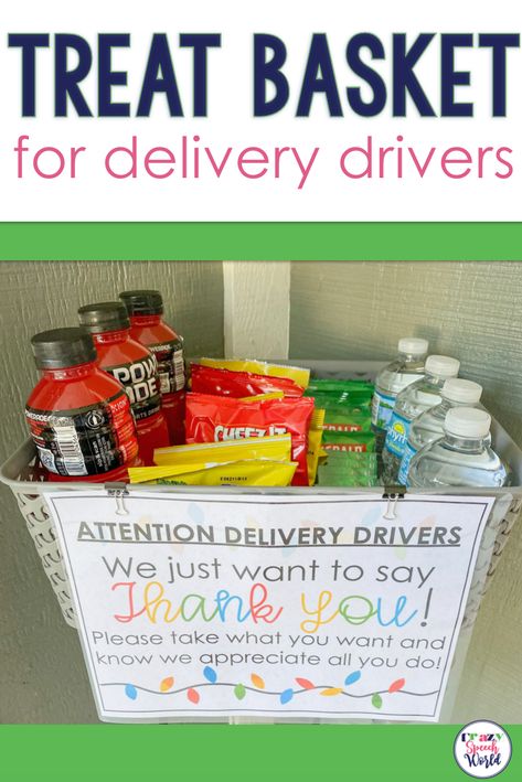 Treat Basket for Delivery Drivers – Free Download! Goodie Basket For Delivery People, Delivery Driver Snack Basket Ideas, Basket For Delivery Drivers, Christmas Thank You Gifts, Goodie Basket, Thank You Baskets, Treat Basket, Delivery Driver, Christmas Thank You