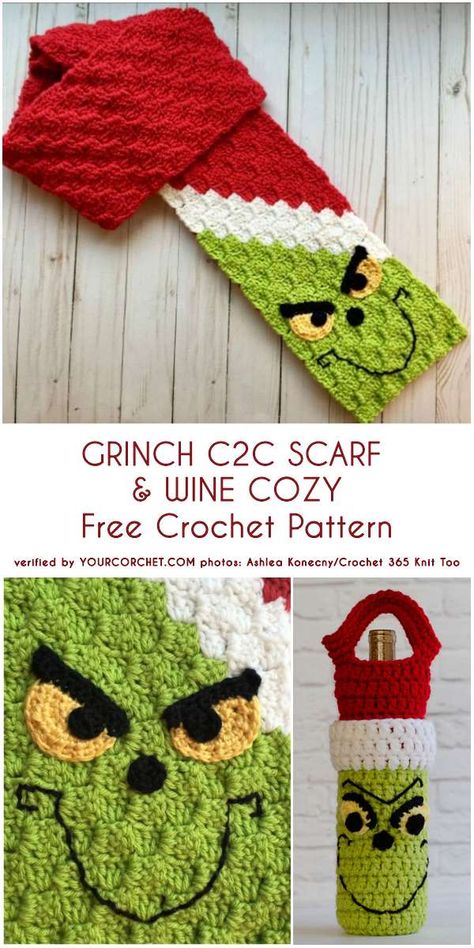 Nevertheless, can there be a better gift set for your hubby? A Grinch-inspired scarf made by Ashlea Konecny (photo on the left) will make this pattern  viral this winter. The C2C stitch along with a Grinch face makes it look so festive, that everyone would like to make one for a gift. Crochet Grinch Scarf, Crocheted Grinch, Grinch Scarf, C2c Scarf, Christmas Scarf Crochet, Crochet Grinch, Wine Cozy, Crochet Kids Scarf, Beau Crochet