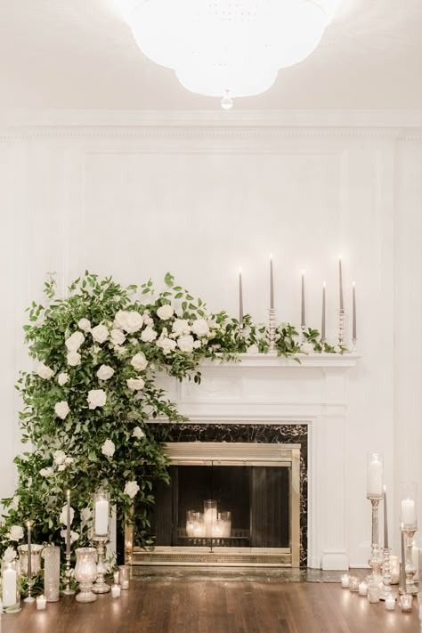 Mantle Floral Installation, Wedding Flowers Fireplace, Mantel Floral Arrangements Wedding, Wedding In Front Of Fireplace, Fireplace Floral Arrangements, Wedding Fireplace Flowers, Fireplace Decor Wedding, Wedding Mantle Decor, Fireplace Wedding Ceremony