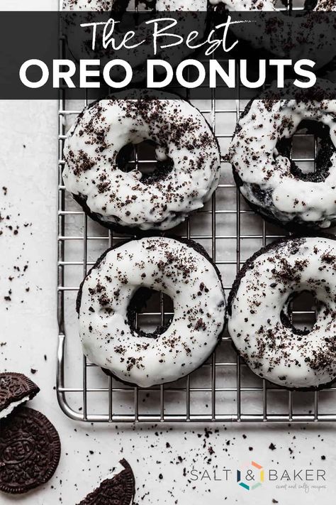 These Oreo donuts have a black cocoa baked donut base topped with a sweet frosting and sprinkled with Oreo crumbs. Oreo Donuts, Oreo Frosting, Baked Donut, Donut Flavors, Donut Toppings, Homemade Donuts Recipe, Black Cocoa, Baked Donut Recipes, Healthy Donuts