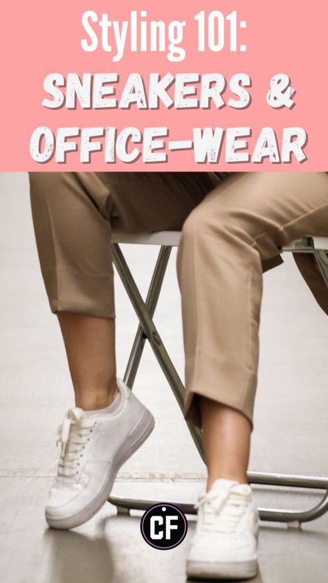 Sneakers For The Office Women, How To Dress Up Tennis Shoes For Work, Work Outfits Women Office Sneakers, White Sneakers Work Outfit Women, Business Casual Women Tennis Shoes, Wear To Work Sneakers, Sneakers In The Office, Casual Business With Sneakers, How To Style Sneakers Women Work