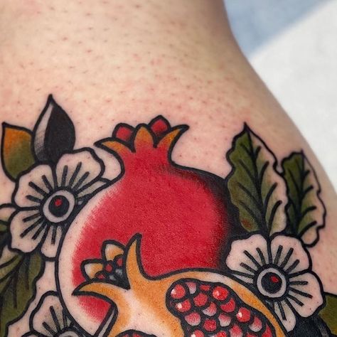 Traditional Morning Glory Tattoo, American Traditional Pomegranate Tattoo, Traditional Pomegranate Tattoo, New Jersey Tattoo, Morning Glory Tattoo, Pomegranate Tattoo, Fruit Tattoo, Traditional Style Tattoo, Style Tattoo