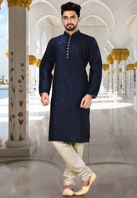 Navy Blue Kurta For Men, Mens Dresses, Diwali Fashion, Long Choli Lehenga, Silk Kurta Set, Angrakha Style, Kurta For Men, Men Kurta, Blue Kurta