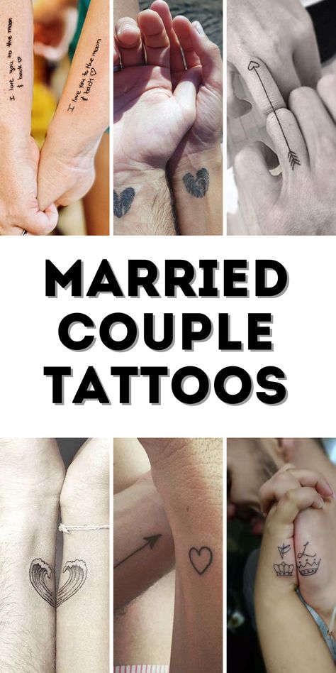 Mr And Mrs Tattoo Ideas, Modern Couple Tattoo Ideas, Couple Mini Tattoo Ideas, Subtle Husband And Wife Tattoos, Minimalist Wedding Tattoo, Couples Spiritual Tattoos, His And Her Tattoos Couple Tat, Tattoo Ideas Love Couples, Couple Tattoos That Connect