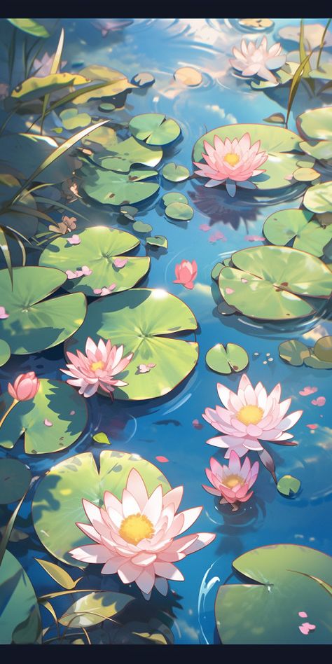 Illustration of pink lilies and lily pads in water Flowers In Water Aesthetic, Garden Header, Pixel Poster, Pink Lilies, Lotus Art, Water Art, A Pond, Cool Wallpapers Art, The Pond