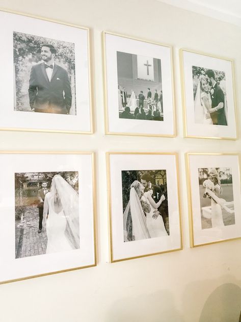 Wedding Pic Collage Wall, Engagement Picture Gallery Wall, Portrait Frames On Wall, Gallery Wall Ideas 6 Frames, Wedding Photo Hanging Ideas Home, Large Wedding Photos On Wall, 6 Photos On Wall, Wedding Photo Wall Ideas Living Rooms, Framed Photos Above Bed