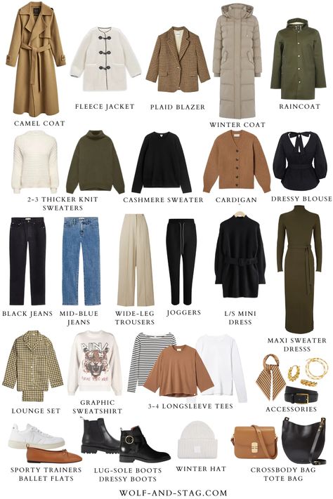 A collection of neutral, stylish, well-made, (mostly) sustainable clothing items to add to your capsule wardrobe, featuring shades of moss green, cream, buttery caramel, and washed black Winter Capsule Wardrobe 2022, Wardrobes Uk, Capsule Wardrobe 2022, Capsule Wardrobe Women, Winter Fashion Outfits Casual, Winter Capsule, Winter Capsule Wardrobe, Fall Capsule Wardrobe, Classic Wardrobe