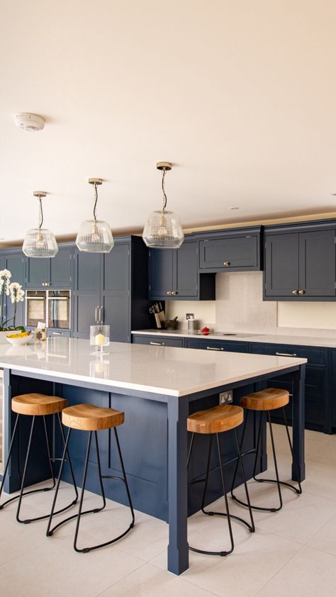 Click to read all of the details. We work on 60 bespoke projects a year #kitchen Square Kitchen Island, Large Kitchen Island With Seating, Kitchen Island Designs With Seating, Island Seating, Model Dapur, Navy Kitchen, Open Plan Kitchen Dining Living, Open Plan Kitchen Diner, Interior Dapur