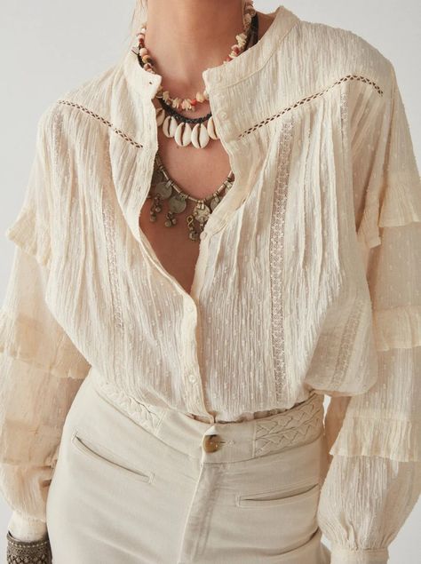 Maison Hotel Disco Pants, Romantic Blouses, Oversize Sleeves, Lace Insert, All White, Ruffles, Bones, Button Up, Composition