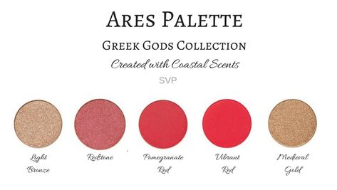 Palette inspired by Greek God Ares Mythology Olympian Created with Coastal Scents Eyeshadow Greek Mythology Colour Palette, Greek God Color Palette, Greek Gods Color Palette, Greek Mythology Color Palette, Greek God Ares, Ares Greek God, God Ares, Hellenic Polytheism, Greek God Costume