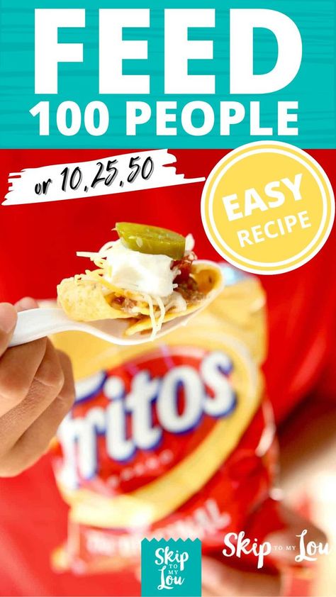 Walking Tacos For A Crowd, Tacos For A Crowd, Large Party Food, Walking Tacos Recipe, Concession Stand Food, Fundraiser Food, Walking Taco, Walking Tacos, Large Group Meals