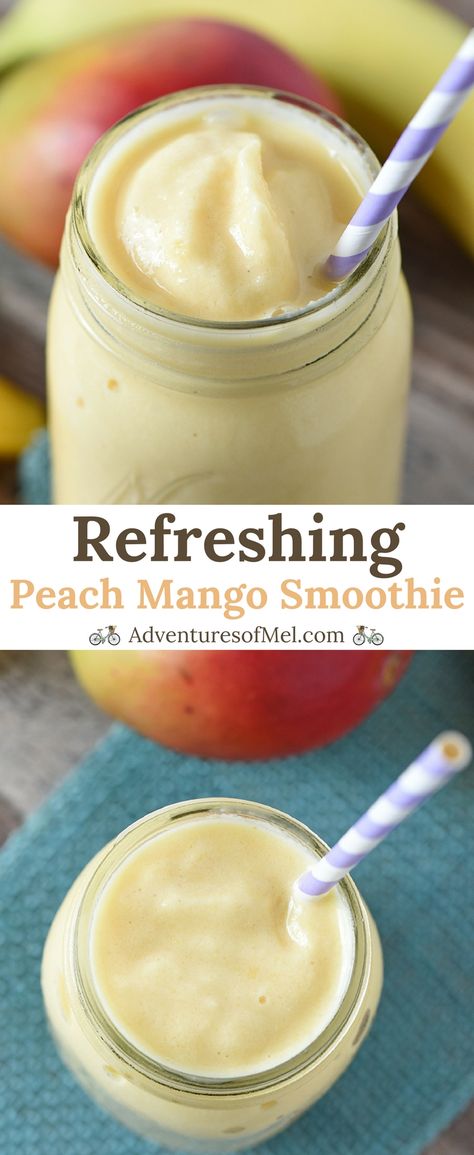 Peach Mango Smoothie recipe that's healthy, quick, and an easy to make snack. Made with 1 banana and a dash of honey, also a tasty addition to mornings. Note can replace milk wth non-fat yogurt to reduce the Weight Watcher points. Peach Mango Smoothie Recipe, Peach Mango Smoothie, Mango Smoothie Recipe, Weight Watcher Smoothies, Mango Smoothie Recipes, Easy To Make Snacks, Juice Smoothies Recipes, Snack Smoothie, Easy Smoothie Recipes