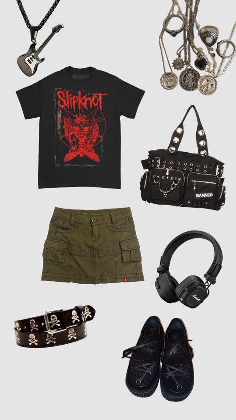 #outfitinspo #outfit #outfitideas #alt #alternative #fashion #fashioninspo #collage #slipknot #slipknotband #metal #metalhead #emo #grunge #grungeoutfits #cargos #skirt #band #bands #aesthetic Bands Aesthetic, Street Style Outfits Casual, Metal Clothing, Emo Grunge, Slipknot, Swaggy Outfits, Street Style Outfit, Grunge Outfits, Alternative Fashion