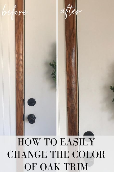 A Crazy Easy Way to Update Oak Trim - MY CHIC OBSESSION Paint With Orange Wood Trim, Paint Colors With Orange Wood Trim, Best Paint With Wood Trim, Wood Colored Trim, Bedrooms With Oak Trim, Gel Stain Over Honey Oak Trim, Update Oak Trim, Orange Oak Trim, Orange Wood Trim