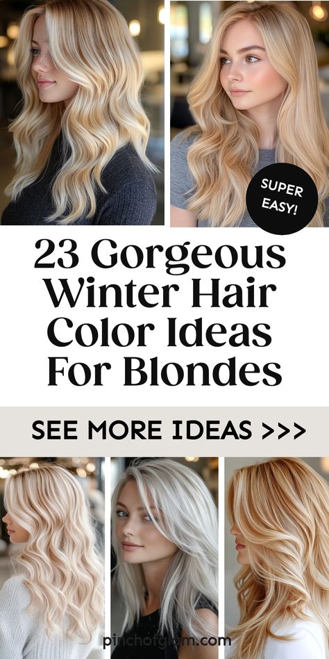 Discover the best winter hair color trends for blondes to rock this season! From icy platinum to warm honey tones, we've got your blonde locks covered. Explore fall and winter hair color ideas for long blonde tresses that will keep you stylish all season long. Whether you're looking for chic winter hair styles or simply want to spice up your look with a fresh hue, these winter hair color ideas are sure to inspire your next salon visit! Natural Blonde Pale Skin, Blond Colors For Hair, Full Color Hair Ideas Blonde, Holiday Blonde Hair, Fall And Winter Blonde Hair, Blonde Hair In Winter, Long Blonde Winter Hair, Long Fall Blonde Hair, Highlights For Blonde Hair Fall