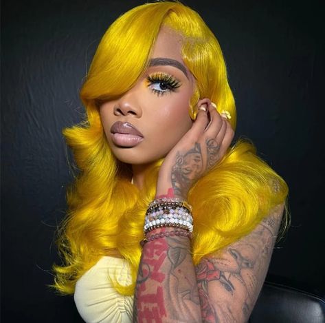 Vibrant lemon-colored wig that falls in loose waves and adds a pop of color to any outfit. This unit is also comes in ginger. Available lengths 16"-34". Check out this wig by clicking on the link in the comment section. #bellahaircrownz #wigs #yellow #style #fypシ Yellow Frontal Wig, Yellow Hairstyles, Baddie Goals, 21st Birthday Hairstyles, Hd Lace Frontal Wigs, Yellow Hair Color, Frontal Wig Hairstyles, Bella Hair, Hd Lace Frontal