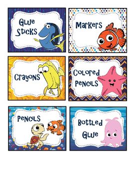 Finding Nemo/ Dory Classroom Supply Labels Kindergarten Classroom Themes Disney, Disney Classroom Theme Preschool Ideas, Disney Kindergarten Classroom, Pixar Themed Classroom, Little Mermaid Classroom Theme, Disney Daycare Theme, Classroom Themes Disney, Classroom Disney Theme, Nemo Classroom Theme