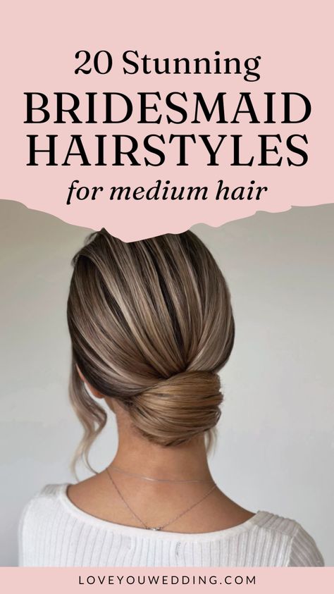 Need ideas for medium length bridesmaid hair? Check out our collection of 20 stunning bridesmaid hairstyles for medium length hair. Whether you want a wedding updo, hair down, boho bridal hair, or half-up half-down look, we've got you covered with the best wedding hairstyles for bridesmaids. Brown Hair Bridesmaid Hairstyles, Bridesmaid Hair Ideas Medium Length, Bridesmaid Hairstyles Updo Simple, Hairstyles For Oblong Faces, Medium Length Bridal Hair, Medium Length Bridesmaid Hairstyles, Faces Male, Hairstyles For Bridesmaids, Oblong Face Hairstyles