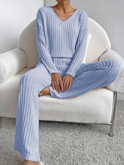 Famulily Women’s 2 Piece Outfits Lounge Sets Rib Knit Matching Pajama Set Long Sleeve V Neck Tops Wide Leg Pants with Pockets, knit outfits, womens pjs, slumber party inspo, slumber party, sleepover, galntines, sleepover party, women, comfy, soft Top And Pants Set, Top Pants Set, Todays Outfit, Loungewear Set, Mua Sắm, Lounge Sets, Knit Set, Look Casual, Two Piece Outfit