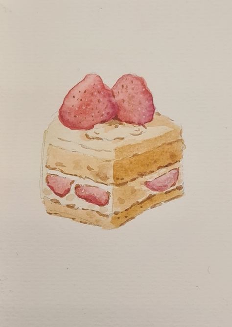 Aesthetic Strawberry Shortcake, Strawberry Shortcake Drawing, Desert Drawing, Cake Sketch, Strawberry Drawing, Aesthetic Strawberry, Strawberry Watercolor, Desserts Drawing, Cake Drawing