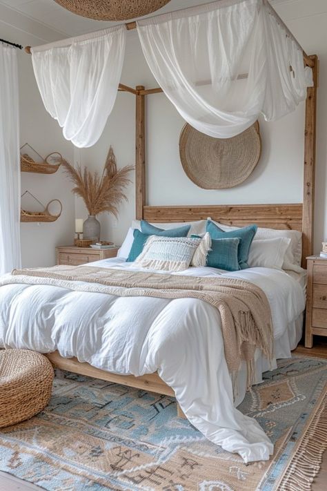 29 Boho Coastal Bedroom Ideas for a Breezy, Beachy Haven 1 Whimsical Beach Bedroom, Coastal Boho Bedroom, Boho Coastal Bedroom, Sunny Beach Day, Ocean Room Decor, Coastal Bedroom Ideas, Beachy Bedroom, Living Room Mantel, Beach House Bedroom