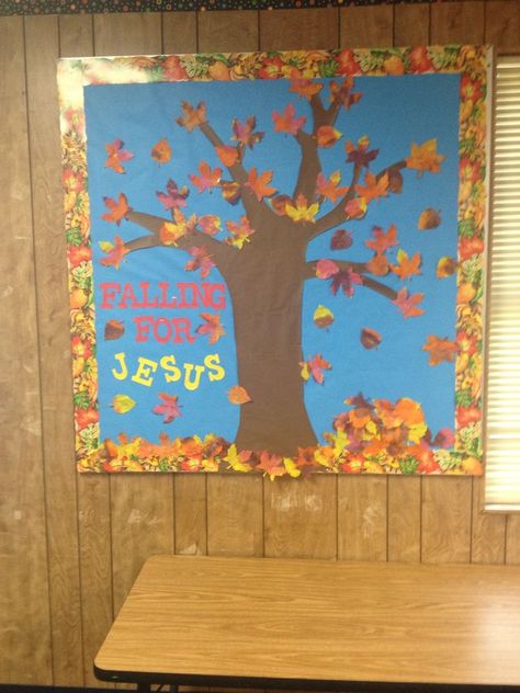 Fall For Jesus Bulletin Board, Falling For Jesus Bulletin Board, Fall In Love With Jesus Bulletin Board, Jesus Bulletin Boards, Church Trunk, Christian Bulletin Boards, Fall Bulletin Boards, Bible Crafts For Kids, Fall Preschool