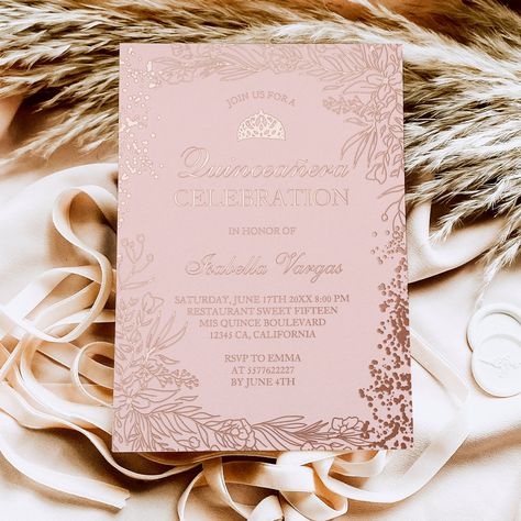 Pink Quinceanera Invitations, Rose Gold Quince, Foil Flowers, Debut Theme, Pink Tiara, Quince Themes, Pink Quinceanera, Sweet Fifteen, Quinceañera Ideas