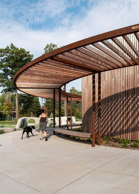 University Outdoor Space, Indigenous Architecture Canada, Curved Roof Architecture, Circular Pergola, Square Architecture, Circle Garden, Curved Pergola, Clubhouse Design, Circular Buildings