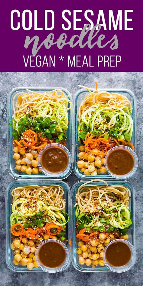 These cold sesame noodle meal prep bowls are the perfect vegan prep ahead lunch: spiralized vegetables tossed with chickpeas and whole wheat spaghetti in a spicy almond butter sauce.  vegan meal prep, healthy meal prep, #sweetpeasandsaffron  #mealprep #vegan Noodle Meal Prep, Almond Butter Sauce, Sesame Noodle, Cold Sesame Noodles, Konjac Noodles, Spiralized Zucchini, Whole Wheat Spaghetti, Sesame Noodles, Spiralized Vegetables