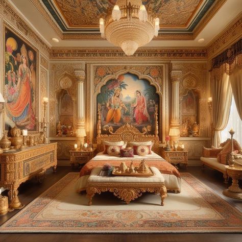 Indian Royal Home Decor, Bedroom Design Indian, Indian Bedroom Design, Auditorium Design, Royal Room, Royal Bedroom, Indian Room, Indian Bedroom, Main Entrance Door Design