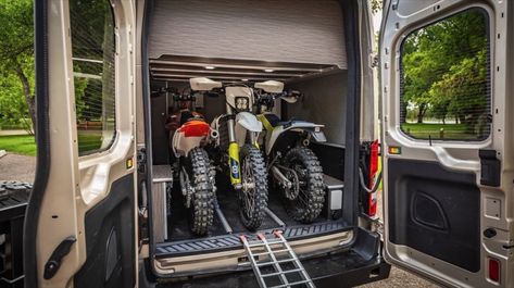 TransMoto Van Conversion by Wilderness Vans with Dirt Bike Storage Dirt Bike Storage, Van Conversion Bike, Bike Storage In Van, Motorcycle Storage, Van Dwelling, Van Storage, Sprinter Van Conversion, Camping Hacks Diy, Tiny House Loft