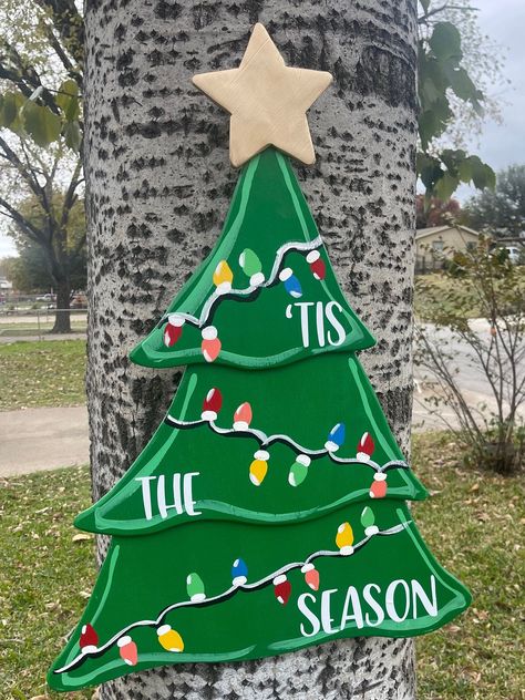 Christmas Tree Door Sign, Wooden Christmas Trees Painted, Christmas Tree Yard Decorations, Elf Musical, Christmas Tree Door Hanger, Tree Door Hanger, Christmas Tree Door, Hand Painted Lettering, Christmas Tree Sign