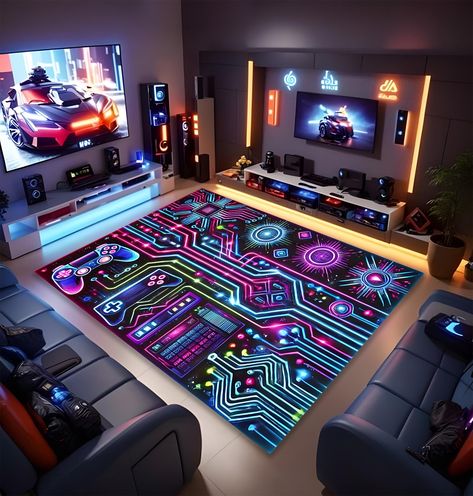 Cyberpunk Gaming Rug, Neon Lights and Futuristic Design for Gaming Room Decor,  Neon Cyberpunk Rug, Vibrant and Modern Gaming Room Carpet, Futuristic Gaming Room Rug, High-Tech Neon Lights and Cyberpunk Theme SWIFT SHIPPING The smallest mat size in our store is (40 cm X 60 cm) = (15.7 inch X 23.6 inch). Be sure to note this size when placing your order. THE MINIMUM SIZE IS 40X60CM. VERIFY YOU SELECT THE CORRECT SIZE BEFORE PURCHASING. 🌟 Our rugs are 4-5 mm in thickness. 🌟 They come with a Non- Game Room Carpet, Futuristic Gaming Room, Cyberpunk Bedroom Ideas, Cyberpunk Room Decor, Cyberpunk Home, Gaming Lighting, Modern Gaming Room, Futuristic Rooms, Gaming Rug