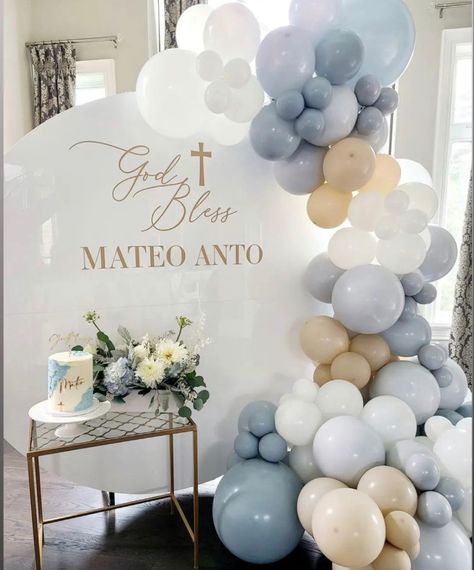 Confirmation Theme Ideas, First Communion Balloon Arch, Bautizo Balloon Garland, Boy Baptism Cake Ideas, 1st Communion Decoration Ideas, Boys Communion Decor, Boys Christening Ideas, Communion Party Ideas Boys, First Communion Balloon Garland