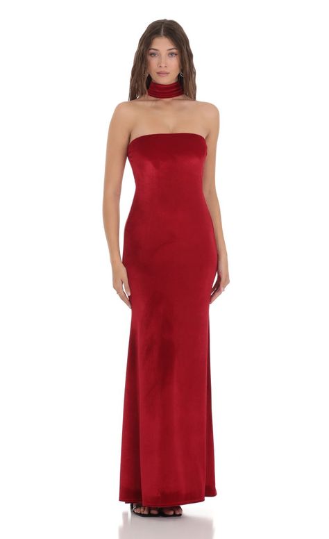 Velvet Reverse Halter Maxi Dress in Red | LUCY IN THE SKY Holiday Gala Dress, Long Red Dress Formal, Red Gala Dresses, Dark Red Maxi Dress, Red Velvet Dress Long, Red Graduation Dress, Red Dress Formal, High Neck Long Dress, Graduation Dresses Long