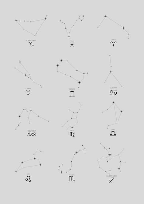 Constellation Drawing Simple, Constilations Drawing, Tattoos Cards, Aesthetic Zodiac Signs, Zodiac Signs Aesthetic, Star Sign Constellations, Cards Tattoos, Zodiac Signs Constellations, Zodiac Sign Illustration