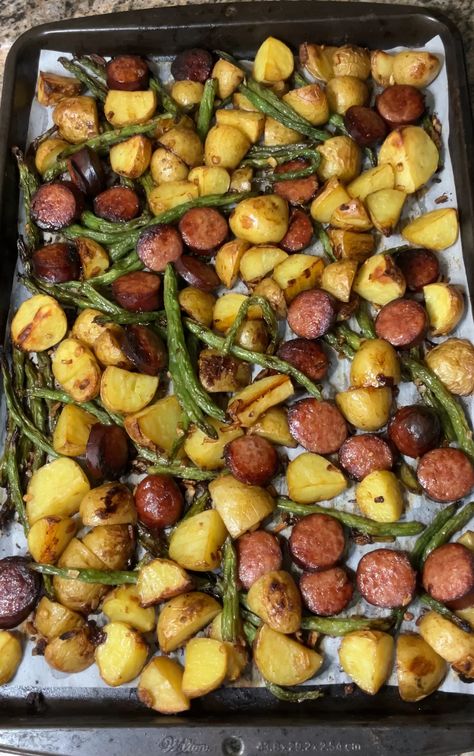 Sheet Pan Smoked Sausages Green Beans and Potatoes - What's Mom Cookin' Sausage Recipes Potatoes, Sausage Potatoes Green Beans, Pan Green Beans, Smoked Sausage And Potato Recipe, Oven Green Beans, Sausage And Green Beans, Sweet Potato Green Beans, Sausage And Potato Bake, Kielbasa And Potatoes