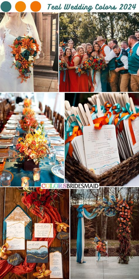 Hunters Wedding, Teal Wedding Colors, Orange Wedding Colors, Teal Bridesmaid, Fall Wedding Color Schemes, Wedding Color Scheme, Teal Bridesmaid Dresses, Burnt Orange Weddings, Wedding Color Combos