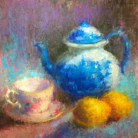 Oil Pastel Art Still Life, Soft Pastel Still Life, Still Life Oil Pastel, Oil Pastel Still Life, Pastel Still Life, Pastel Artists, Tea Pots Art, Drawing Course, Blue Tea