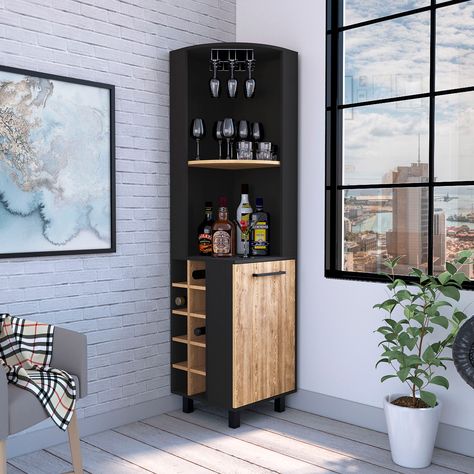 The Kaia Corner Bar Cabinet is a wine lover's dream come true. With 10 wine cubbies, a glass rack, 2 interior shelves, and 2 outer shelves, this cabinet has all the features you need to store your wine and entertain guests. Corner Bar Ideas For Home, Corner Bar Ideas, Corner Home Bar, Tall Bar Cabinet, Wine Cubbies, Modern Bar Cabinet, Corner Bar Cabinet, Coin Bar, Built In Wine Rack