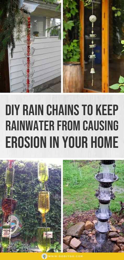 DIY Rain Chains to Keep Rainwater from Causing Erosion in Your Home - GODIYGO.COM Diy Rainchain Ideas, Wine Bottle Rain Chain Diy, Rain Catcher Diy, Diy Rain Chain Ideas, Diy Rain Chain How To Make, Rain Chains Diy, Rain Chains Ideas, Windchimes Diy How To Make, Wine Bottle Rain Chain