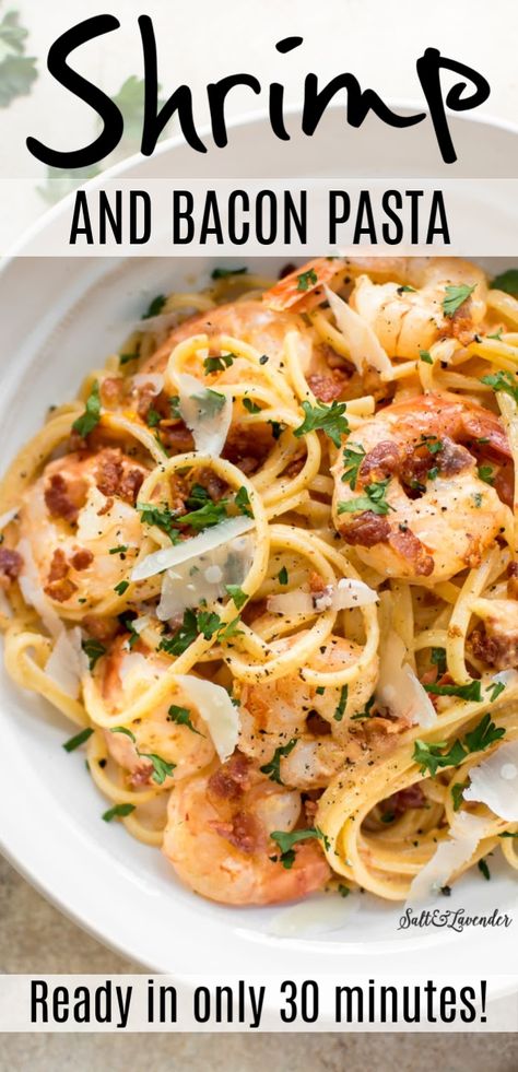 Shrimp And Bacon Pasta, Shrimp And Bacon, Bacon Pasta Recipes, Bacon Dinner, Creamy Shrimp Pasta, Creamy Shrimp, Vegetarian Pasta Recipes, Shrimp Recipes For Dinner, Bacon Pasta