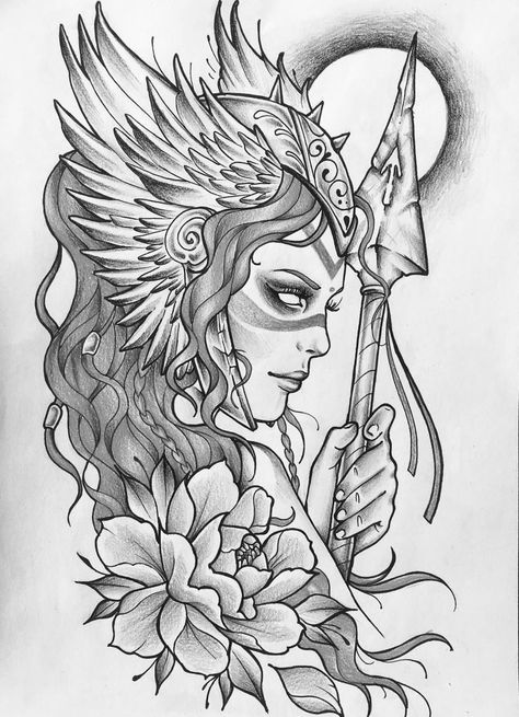 240+ Magnificent Valkyrie Tattoos Ideas and Meaning (2023) - TattoosBoyGirl Valkyrie Tattoos, Athena Tattoo, Female Warrior Tattoo, Norse Mythology Tattoo, Valkyrie Tattoo, Pola Tato, Greek Mythology Tattoos, Marvel Tattoos, Goddess Tattoo