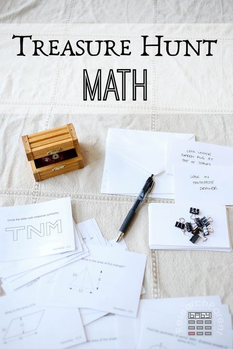 Treasure Hunt Math is a fun way to motivate kids to review mathematical concepts in elementary and middle school. Great for summer math review! Math Treasure Hunt, Math Club, Preschool Play, Geometry Activities, Math Activities For Kids, Summer Math, Algebra Worksheets, Homeschool Crafts, Teaching Special Education