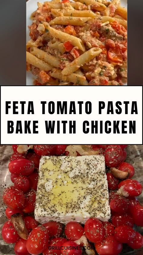 "Try this irresistible Baked Feta Pasta with Cherry Tomatoes and Chicken! Creamy feta melts with juicy cherry tomatoes, tender chicken, and pasta for a flavorful one-pan dinner that's easy to make. Perfect for a cozy fall meal or a quick weeknight dinner everyone will love!Baked Feta, Cherry Tomato Pasta, Feta Pasta, Pasta With Cherry Tomatoes Tick Tock Tomato Feta Pasta, Chicken Tomato Feta Pasta, Cherry Tomato And Feta Recipes, Feta Cherry Tomato Pasta Bake, Low Carb Baked Feta Pasta, Tomato Feta Pasta Bake With Chicken, Cherry Tomato Feta Pasta Baked, Roasted Tomato Feta Pasta, Baked Feta Tomato Pasta