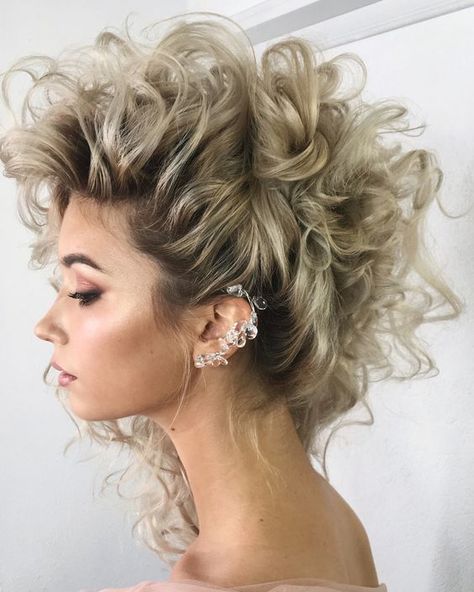 Curly Side Swept Hairstyles Wedding, Curly Faux Hawk Updo, Curly Hair Mohawk Updo, Curly Side Updo, Side Ponytails Hairstyles, Curly Hair Side Hairstyles, Side Burns Women Long Hair, Side Comb Hairstyle Curly Hair, Wild Curly Hairstyles