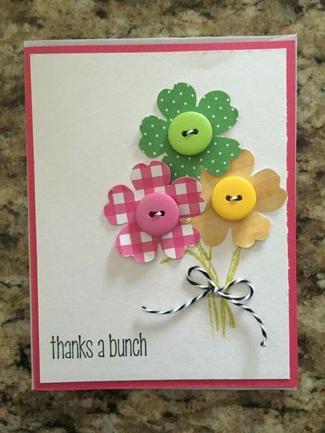 Kate Roberts, Buttons Crafts Diy, Ornament Card, Handmade Thank You Cards, Birthday Card Craft, Homemade Birthday Cards, Fabric Cards, Flower Button, Card Crafts