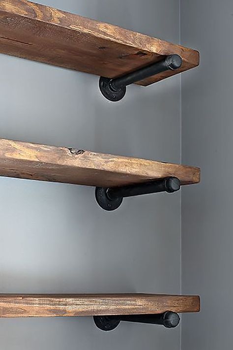 Wood Closet Shelves, Diy Pantry Shelves, Steel Shelf Brackets, Wood Closet, Glass Cabinets, Window Shelves, Shelves Ideas, Reclaimed Wood Shelves, Diy Pantry